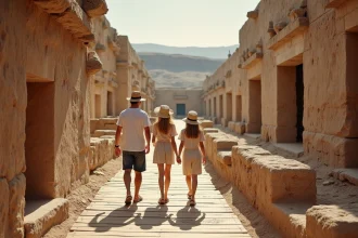 Famille explorant les ruines archéologiques d'Akrotiri à Santorin sur une passerelle en bois au-dessus des vestiges minoens