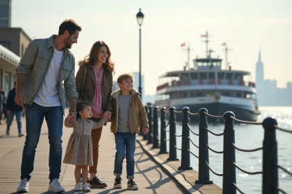 Famille souriante observant le ferry de Staten Island
