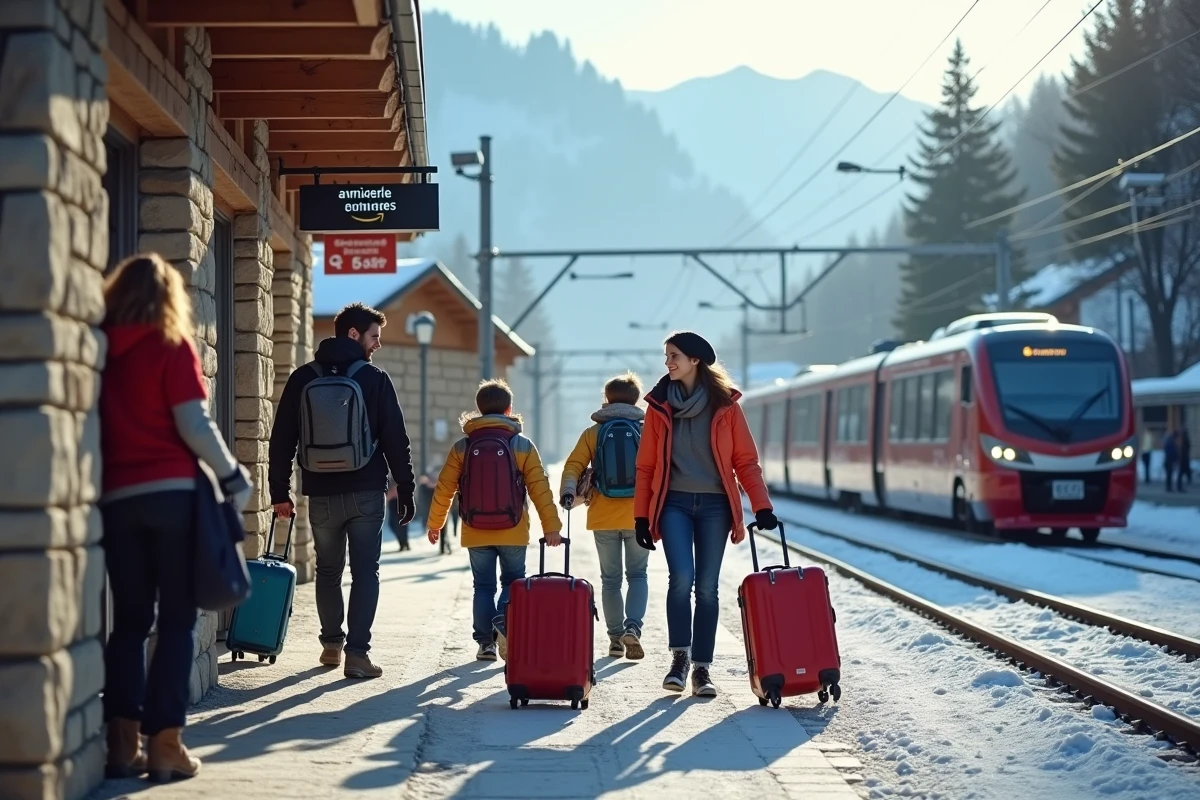 Famille arrivant en train TGV dans une station de ski des Alpes françaises accessibles depuis Paris en moins de 4 heures