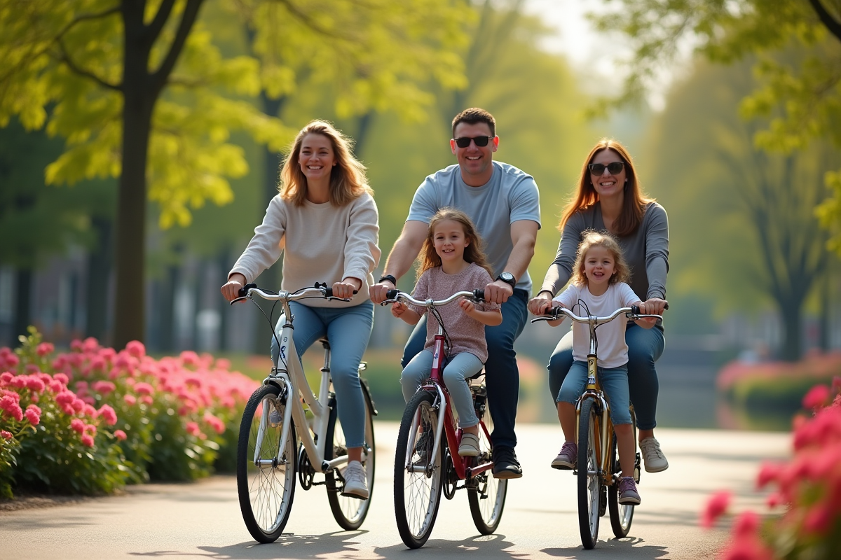 Famille en vélo dans un parc d