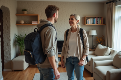 Femme souriante accueillant un jeune homme dans un salon cosy