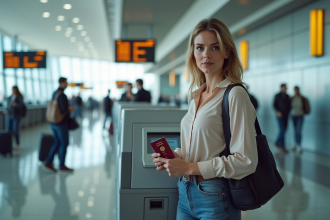 Femme à l'aéroport utilisant un kiosque d'enregistrement