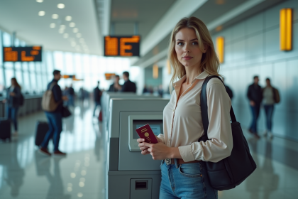 Femme à l'aéroport utilisant un kiosque d'enregistrement