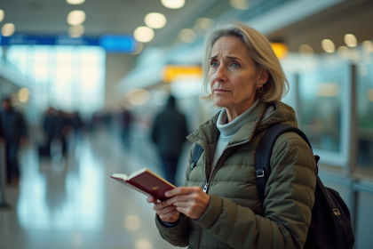 Femme d'âge moyen à l'aéroport tenant son passeport