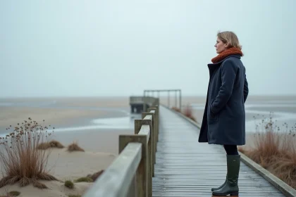 Femme contemplant les vasières de la Baie de Somme depuis une passerelle en bois en hiver à Saint-Valery-sur-Somme