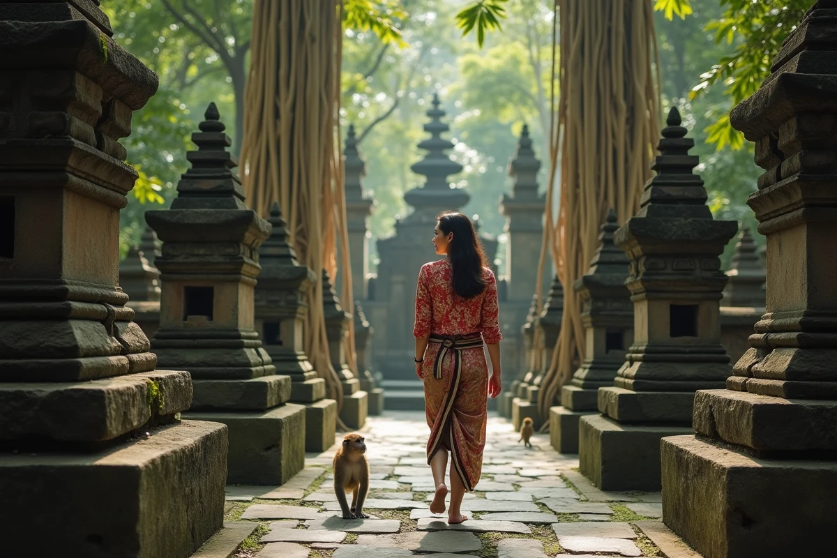 Femme balinaise en kebaya traditionnelle se promenant sur le chemin pavé de la forêt des singes d'Ubud entourée de banians et de macaques