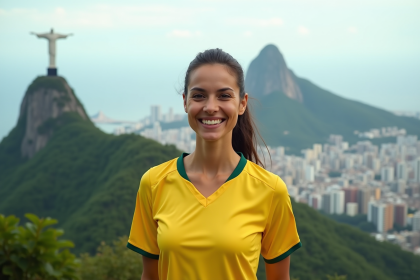 Femme brésilienne souriante portant maillot jaune à Rio de Janeiro