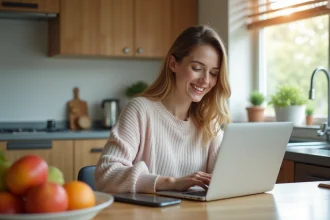 Femme souriante travaillant sur un ordinateur dans une cuisine moderne