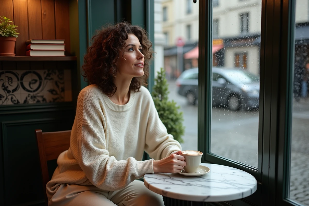 Femme sereine buvant un café dans un bistrot parisien, regard vers la fenêtre sous la pluie, évasion urbaine