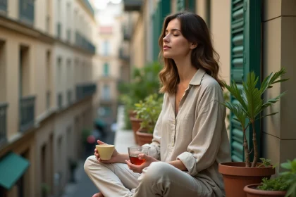 Jeune femme se relaxant sur un balcon urbain fleuri avec une tasse de tisane, moment de calme en ville