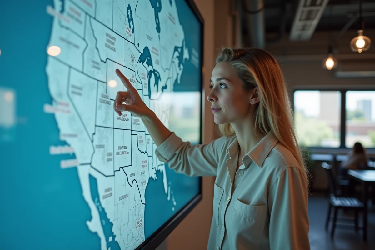 Femme pointant une carte interactive des États-Unis sur écran tactile avec les grandes villes américaines en surbrillance