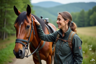 Femme en randonnée caressant un cheval au naturel