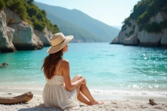 Jeune femme en robe d'été au bord de la crique Zakynthos