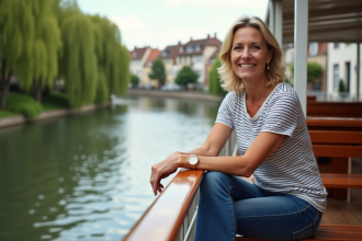 Femme souriante en voyage sur un bateau fluvial