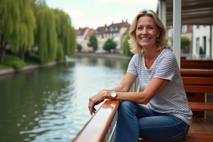 Femme souriante en voyage sur un bateau fluvial