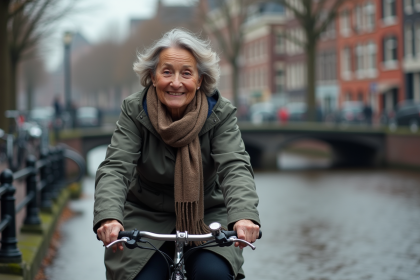 Femme néerlandaise à vélo dans Amsterdam