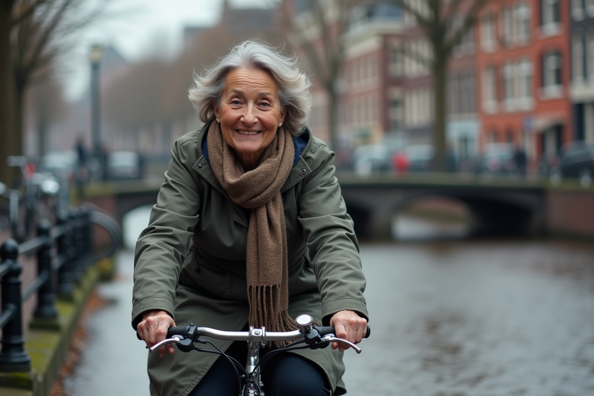 Femme néerlandaise à vélo dans Amsterdam