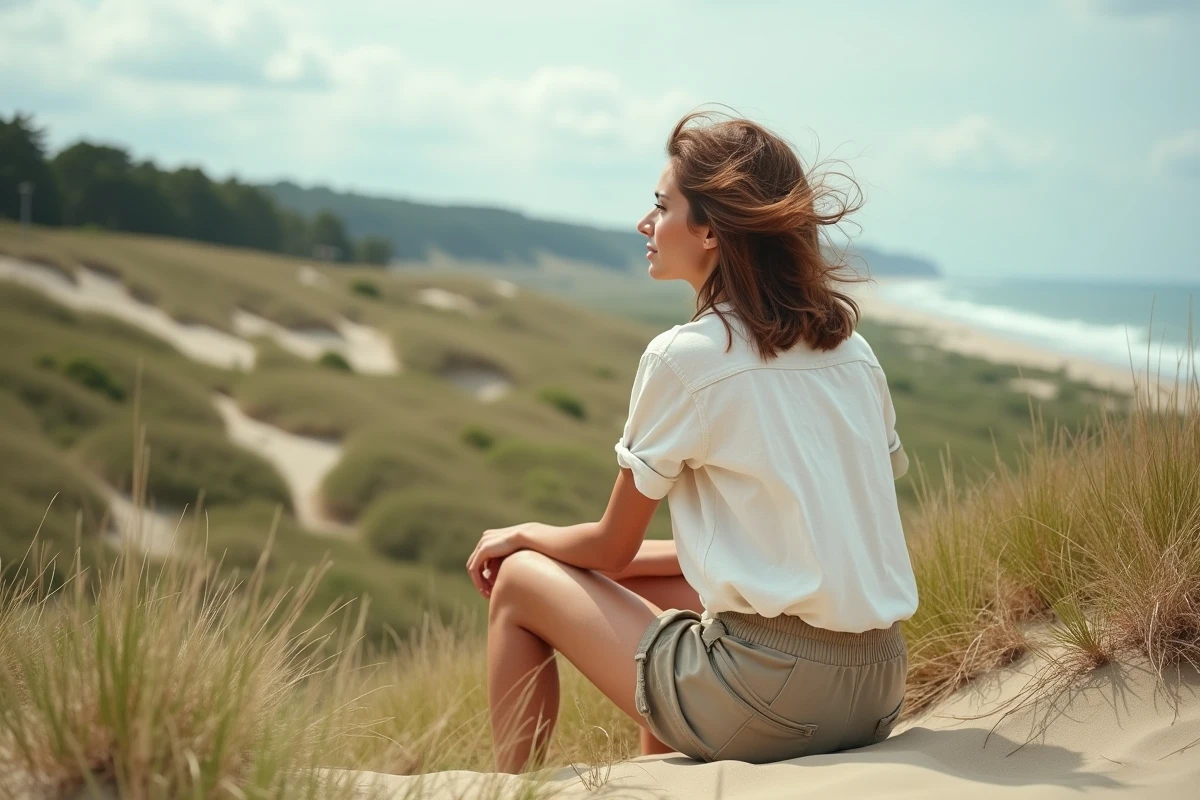 Jeune femme assise sur la dune du Pilat paysage naturel