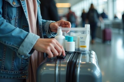 Jeune femme préparant sa trousse de toilette pour l'aéroport