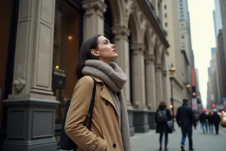 Femme regardant la façade du Woolworth Building à New York
