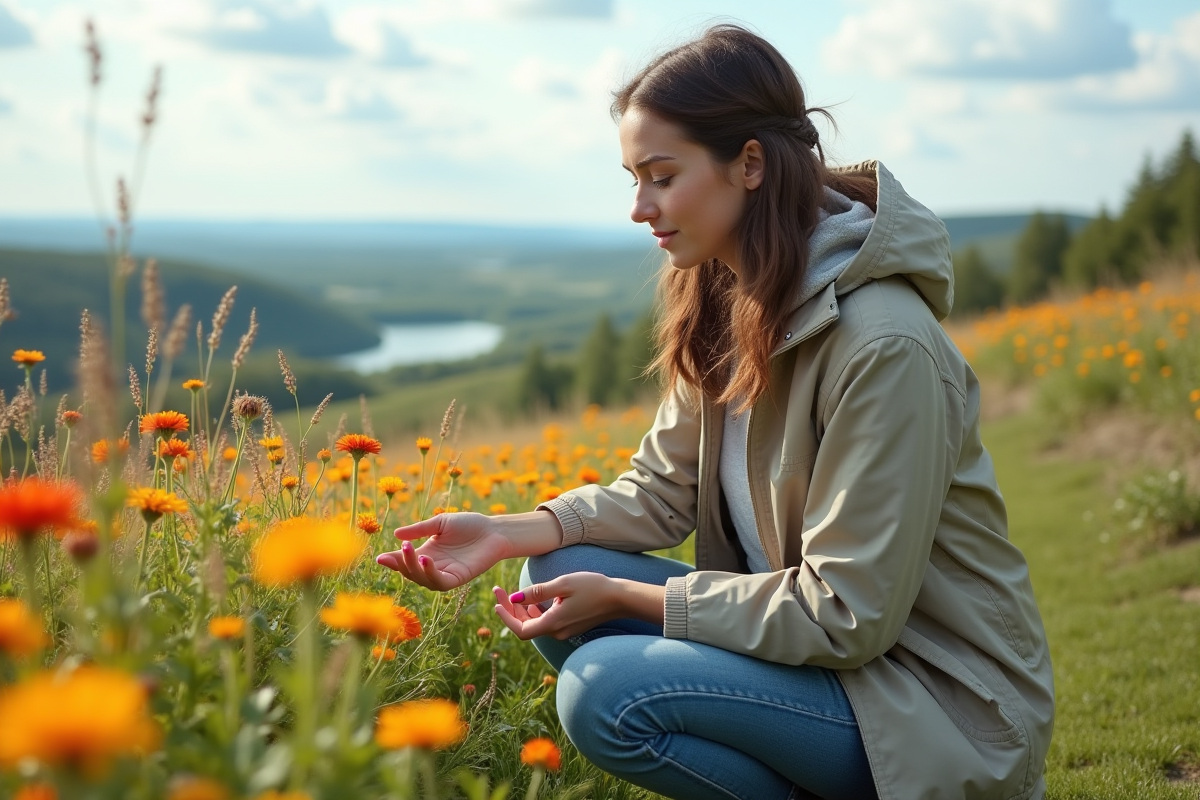 Jeune femme touche des fleurs sauvages au Quebec