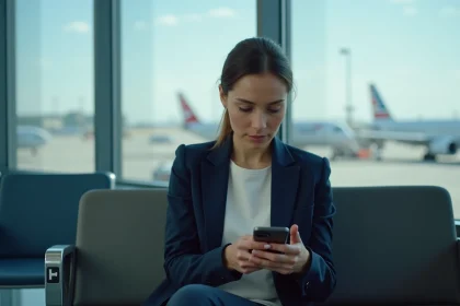 Femme gérant sa réservation Air Algérie sur smartphone dans un salon d'aéroport moderne