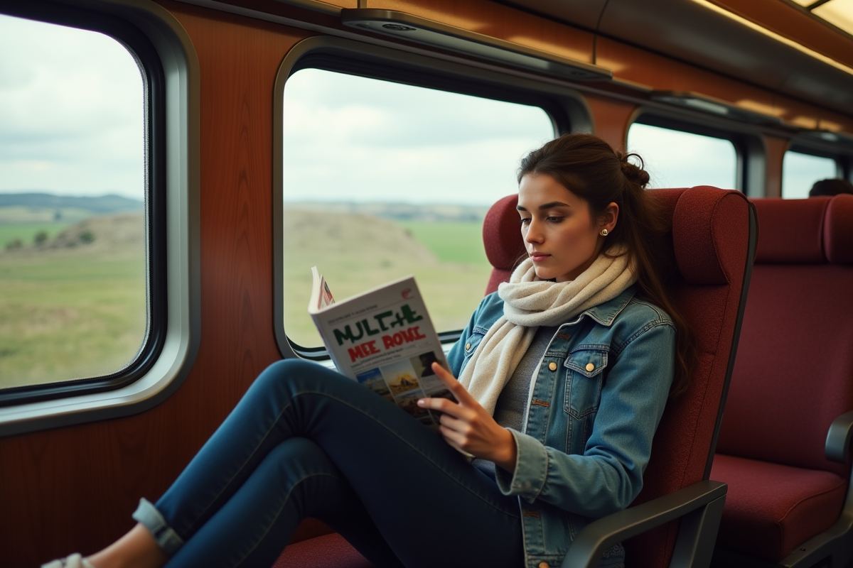 Jeune femme lisant dans un train en intérieur