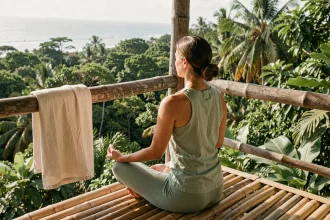 Femme en méditation sur une terrasse en bambou surplombant la jungle tropicale de Mazunte au Mexique lors d'une retraite yoga