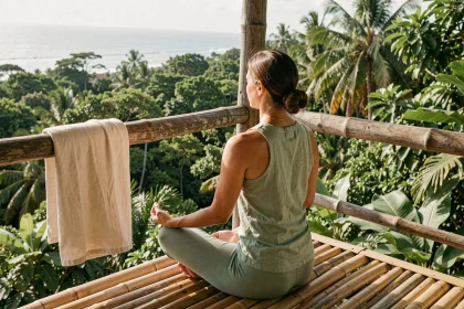 Femme en méditation sur une terrasse en bambou surplombant la jungle tropicale de Mazunte au Mexique lors d'une retraite yoga