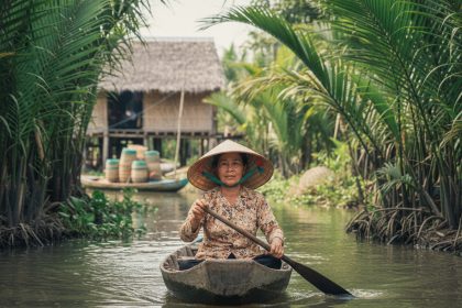 Femme vietnamienne en áo bà and nón lá naviguant dans le delta du Mékong