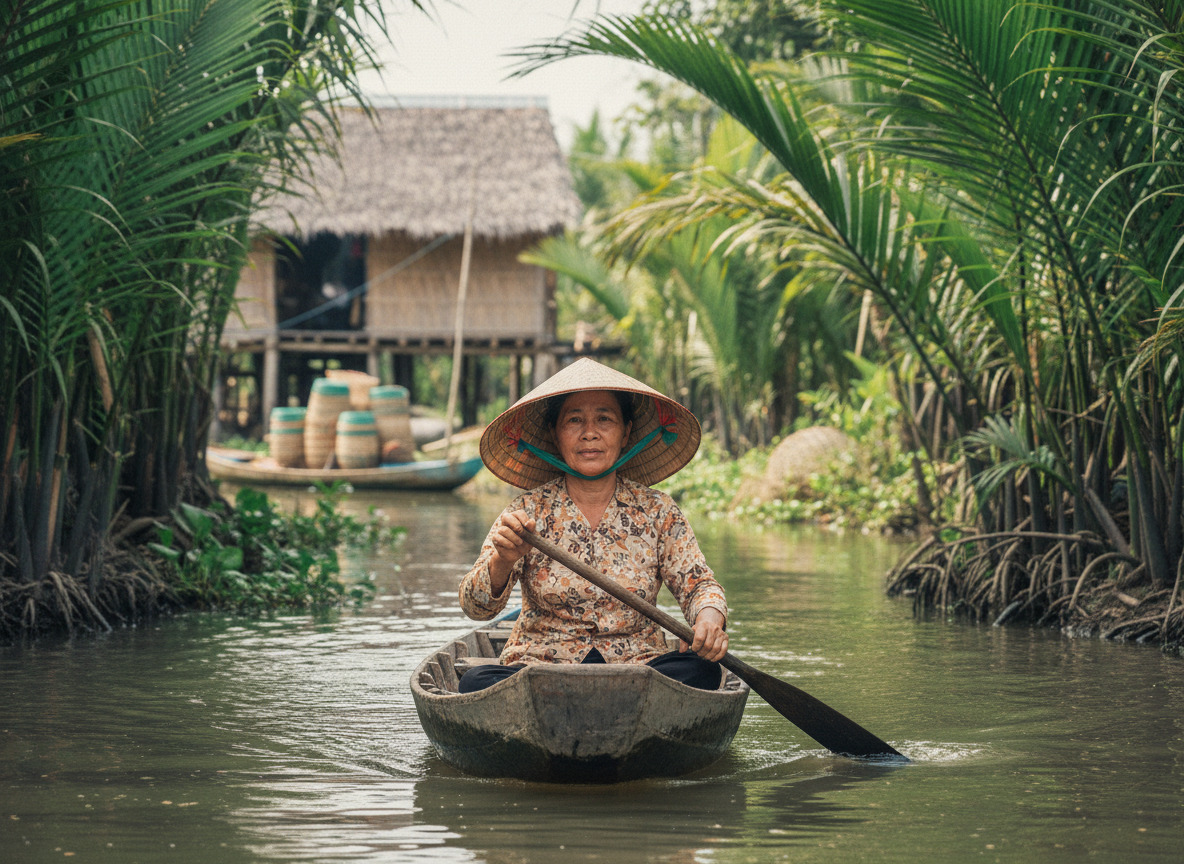 Femme vietnamienne en áo bà and nón lá naviguant dans le delta du Mékong