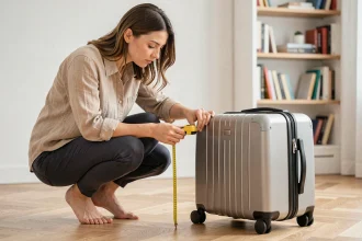 Femme mesurant les dimensions d'une valise cabine jump avec un mètre ruban sur parquet en bois, critères de taille pour voyage en avion