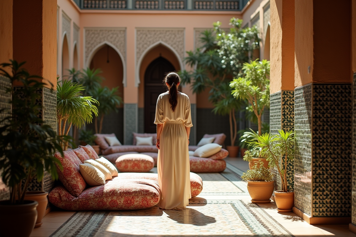Femme marocaine en kaftan dans un riad traditionnel