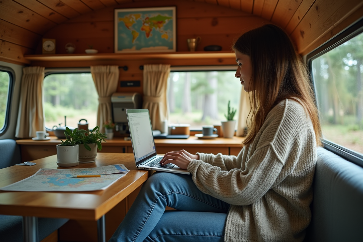 Jeune femme travaillant dans un van aménagé