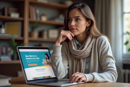 Femme réfléchissant à une réservation sur son ordinateur