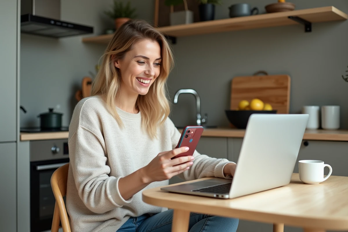 Femme souriante utilisant son ordinateur et smartphone à la maison