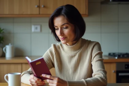 Femme examinant son passeport dans une cuisine chaleureuse