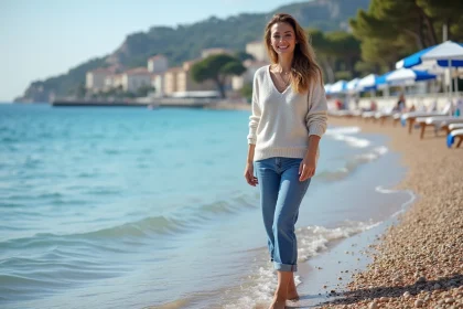 Femme souriante au bord de la mer à Nice avec parasols bleus