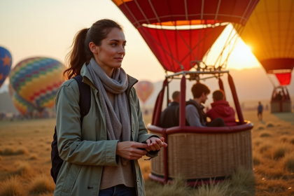 Femme en préparation pour un vol en montgolfiere au lever du soleil
