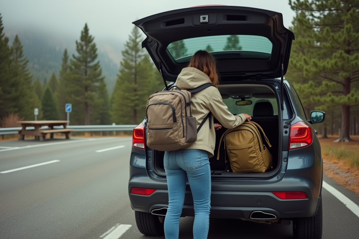 Femme préparant sac dans coffre de SUV en nature