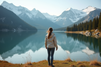 Jeune femme en randonnée face à un lac alpin paisible