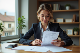 Femme en costume vérifiant des formulaires de remboursement médical