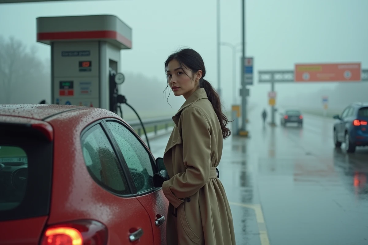 Femme faisant le plein sur une aire d