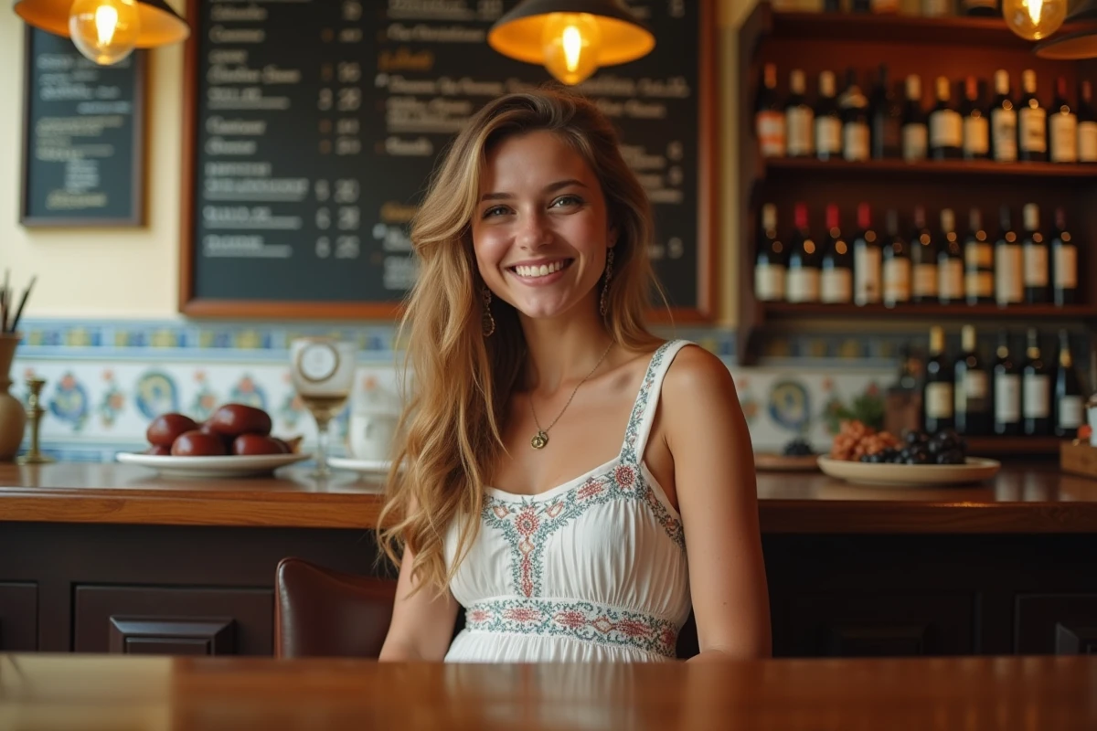 Jeune femme partageant des tapas dans un bar à Malaga