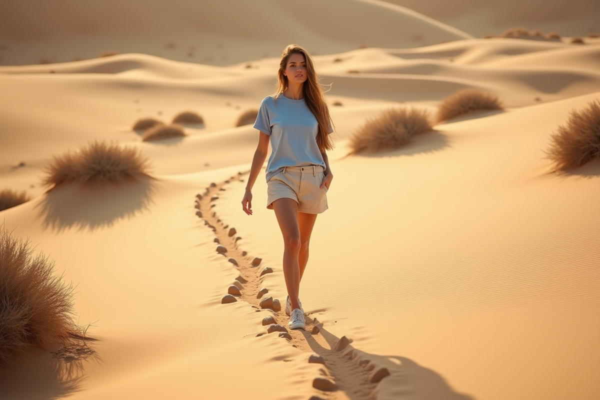 Jeune femme traçant un chemin dans le sable du désert