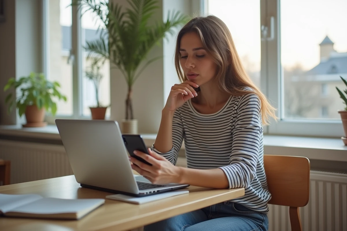 Jeune femme au travail dans une cuisine lumineuse