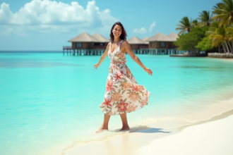 Femme souriante en robe fleurie sur plage tropicale