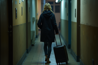 Femme prudente ferme une porte d'appartement la nuit