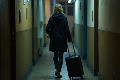 Femme prudente ferme une porte d'appartement la nuit