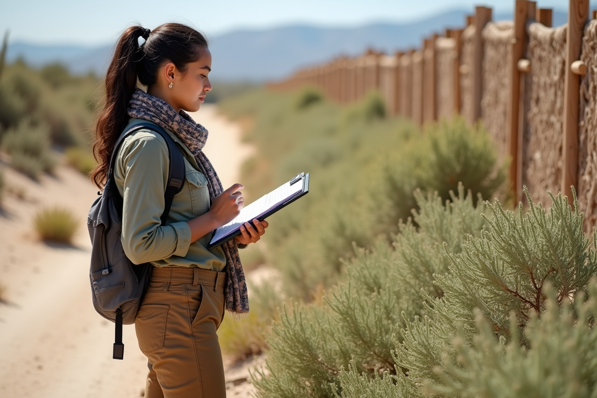 Jeune femme observant des plantes dans une dune restaurée